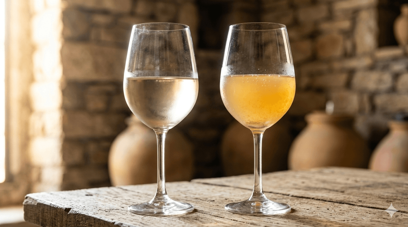 Two glasses of natural wine showcasing color and clarity